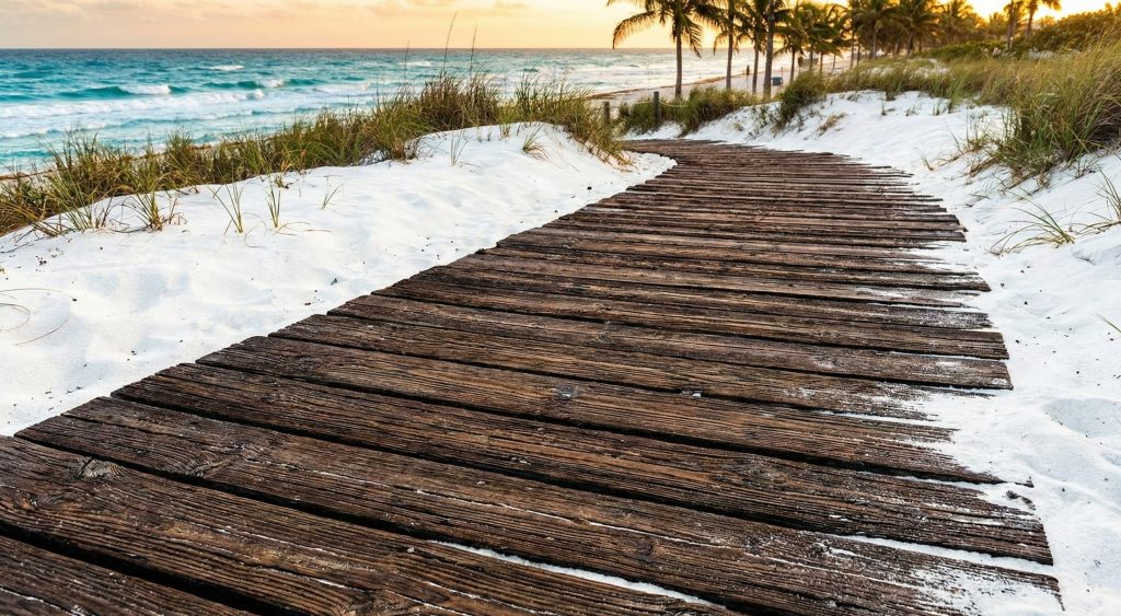 Decking Kayu Gelap untuk Kontras di Area Pasir Putih