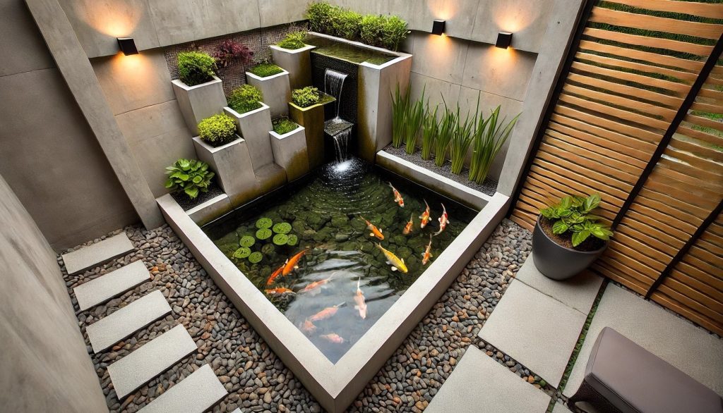 Ide Kolam Koi Kecil di Tengah Area Taman yang Menenangkan