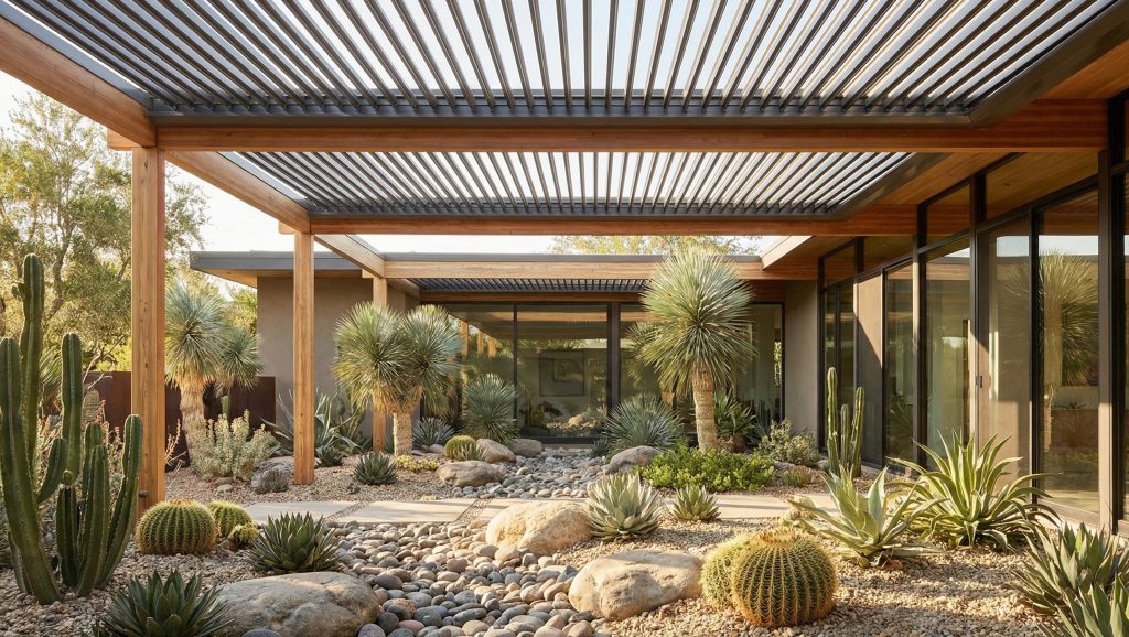 Kanopi Terbuka untuk Cahaya Alami di Taman Kering