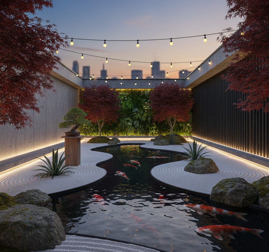 Kolam Koi di Sekitar Batu dan Pasir untuk Efek Zen