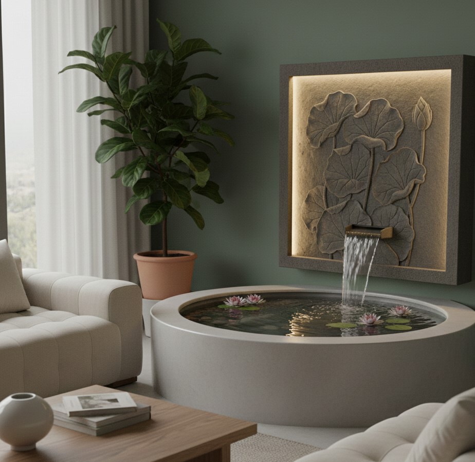 Kolam Relief Mini di Sudut Ruang Tamu yang Estetik