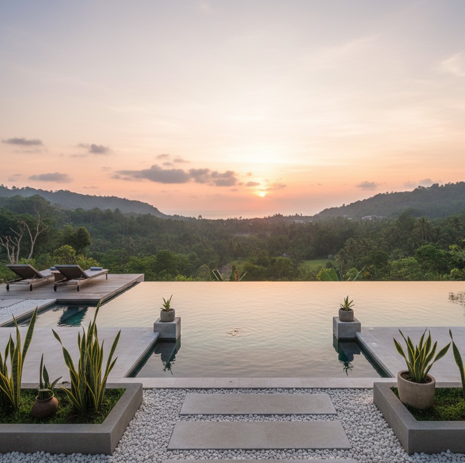 Kolam Renang Tanpa Batas di Sekitar Taman Minimalis