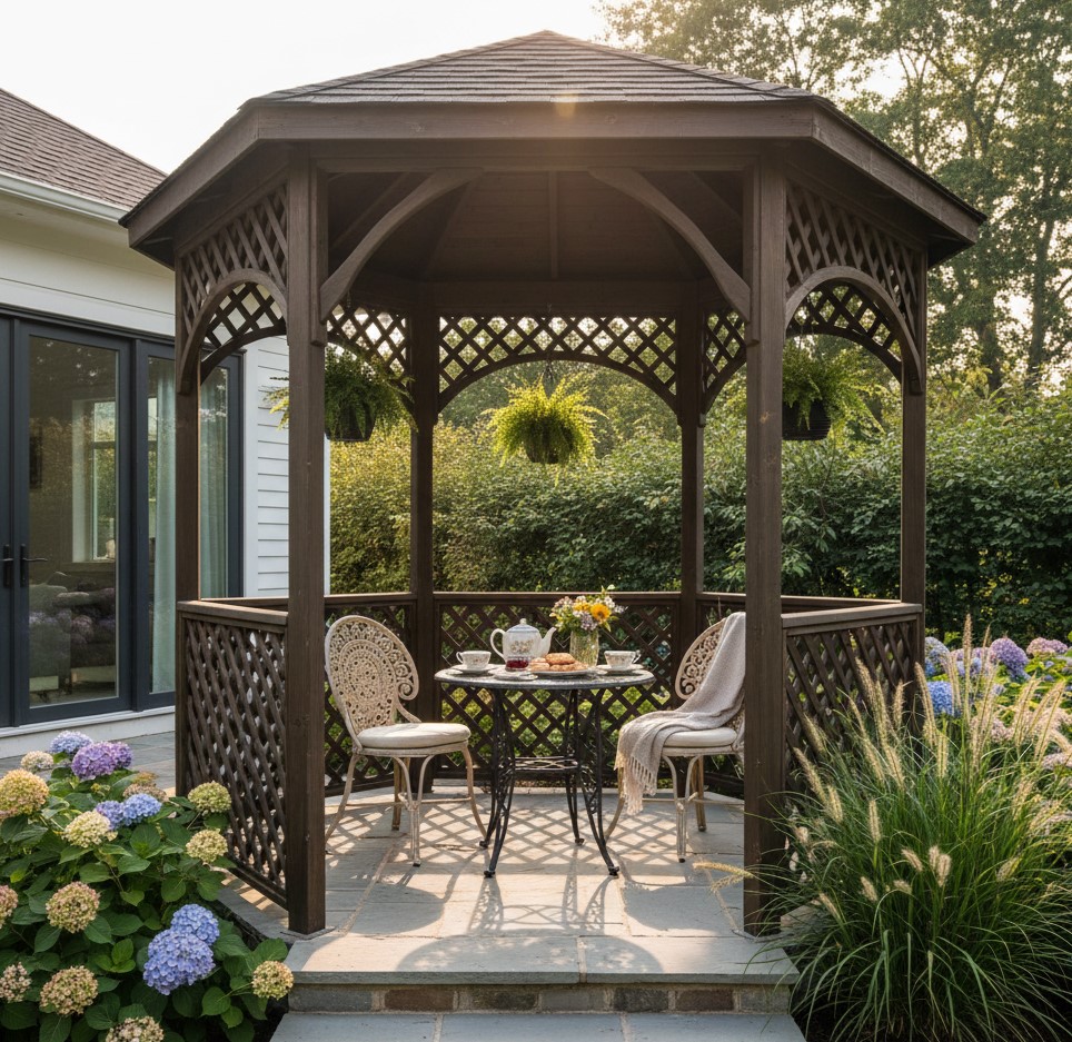 Gazebo Sudut Rumah untuk Tempat Minum Teh Sore Hari