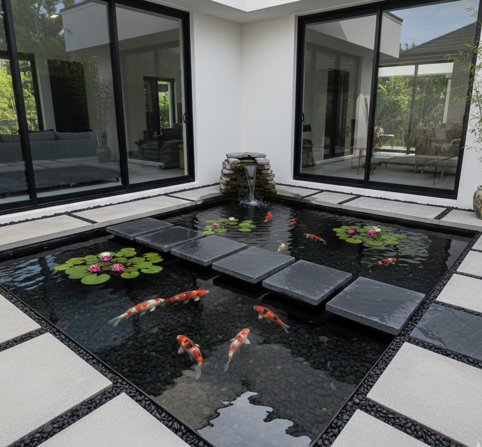 Kolam Koi di Sudut Rumah Sebagai Titik Fokus Menarik