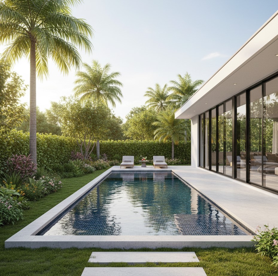 Kolam Renang di Sisi Rumah yang Terhubung dengan Taman