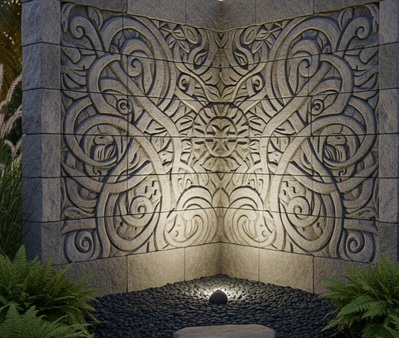 Relief Batu Alam di Sudut Taman yang Artistik